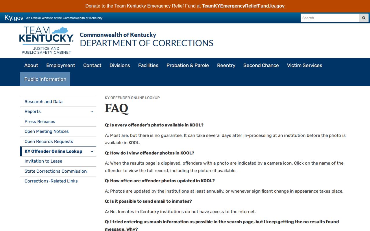 Kentucky KOOL FAQ for Wayne County arrest records and state offender photos