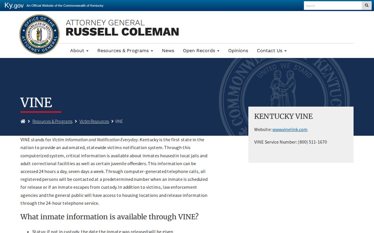 Kentucky VINE instructions for Wayne County custody and release alerts