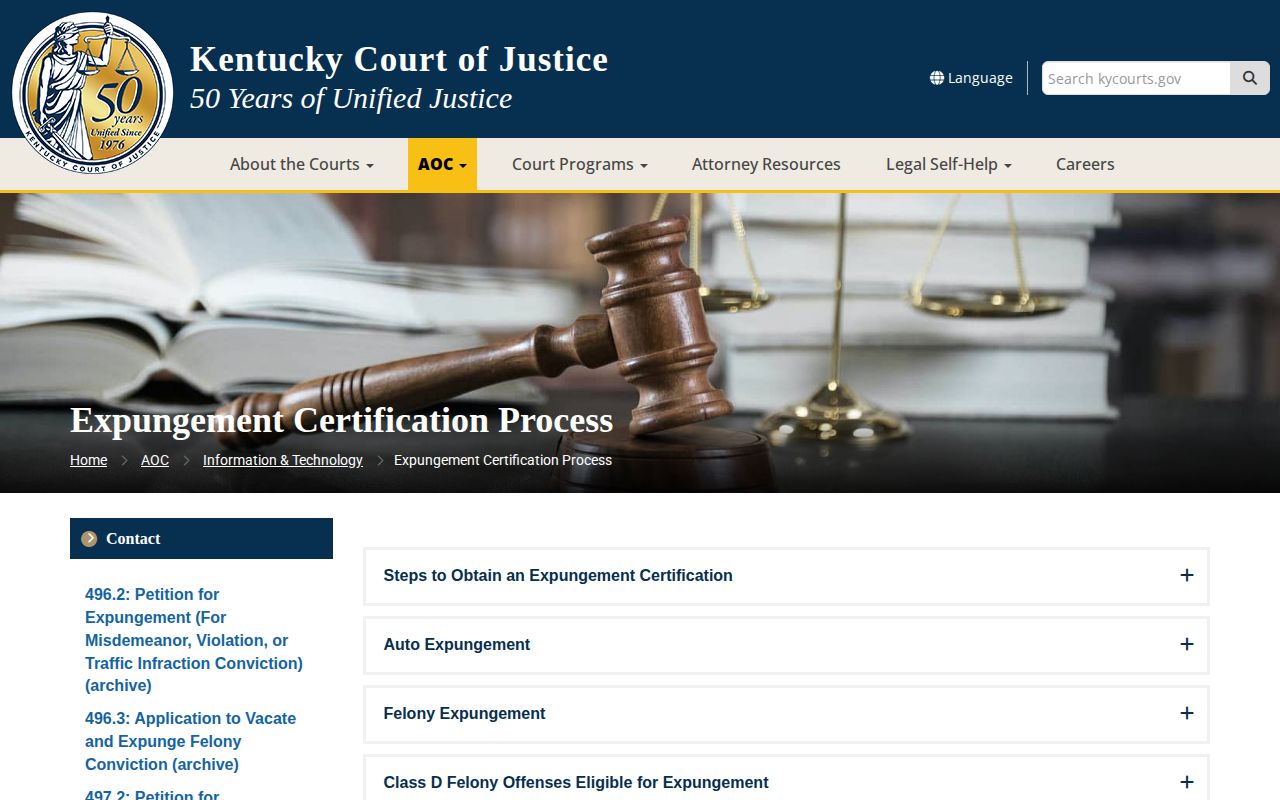 Kentucky Court of Justice expungement information for Wayne County arrest records