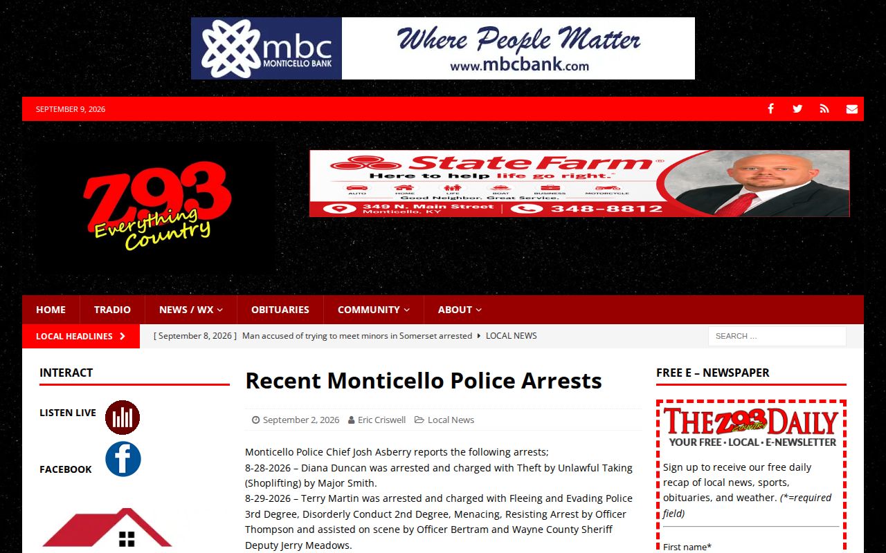 Wayne County multi-day Monticello Police arrest report on Z93 Country